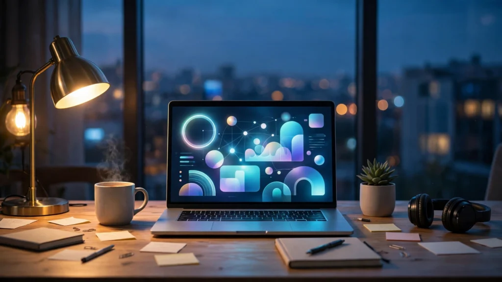 A founder's desk with a laptop showing a glowing AI business dashboard