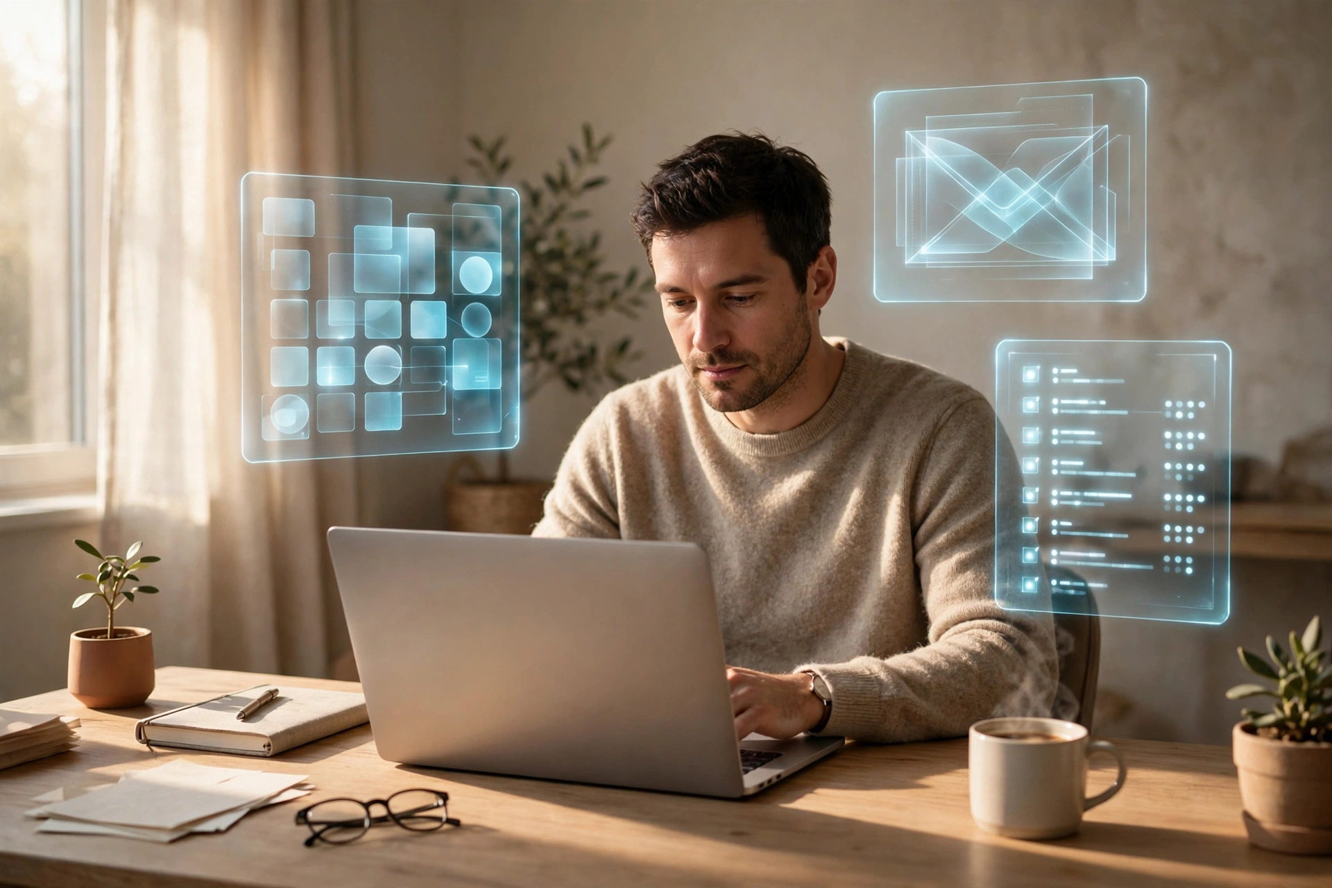 A solopreneur at a desk with an AI assistant organising calendar, inbox and tasks