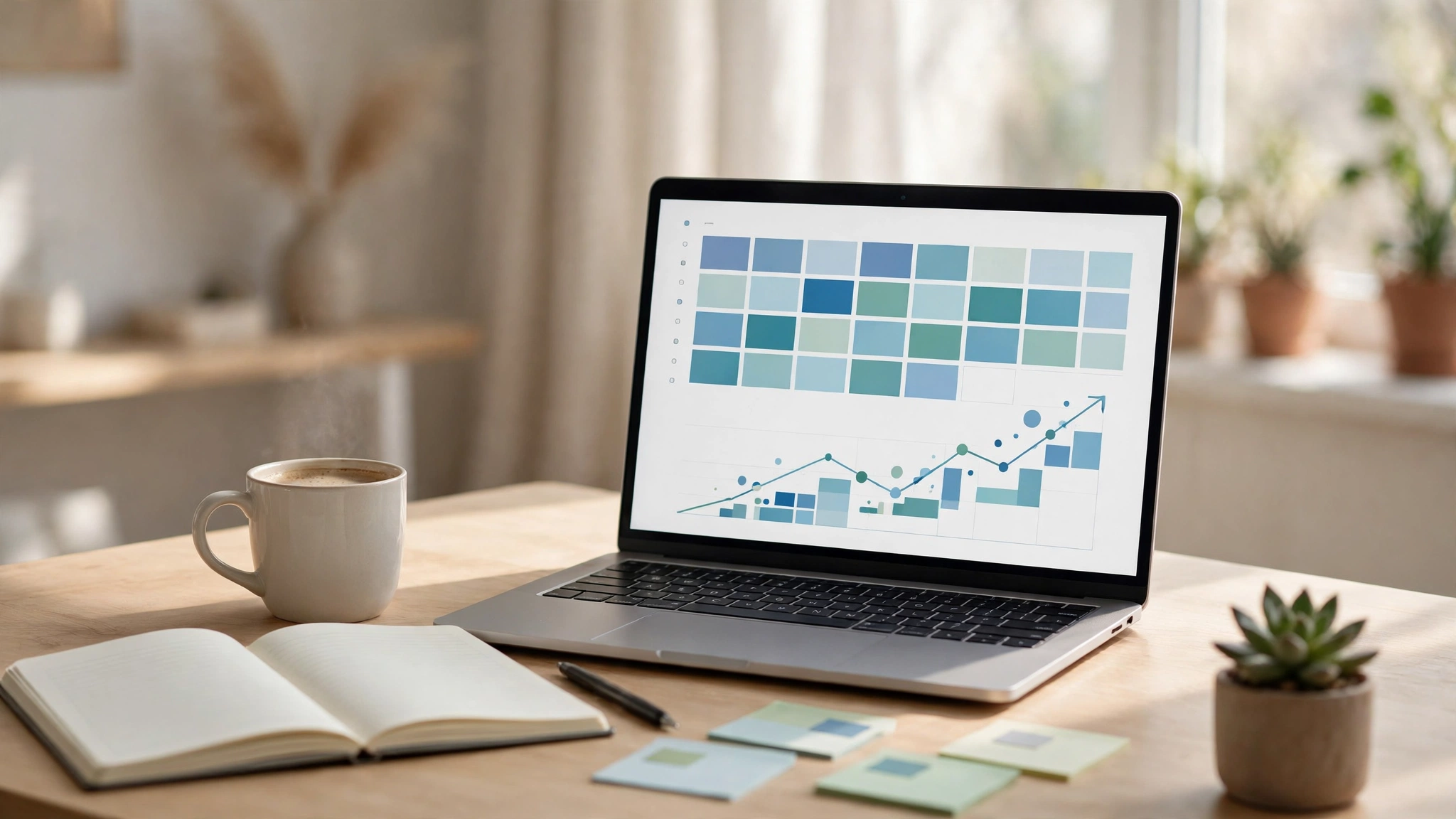 A writer's workspace with a content calendar and rising search chart