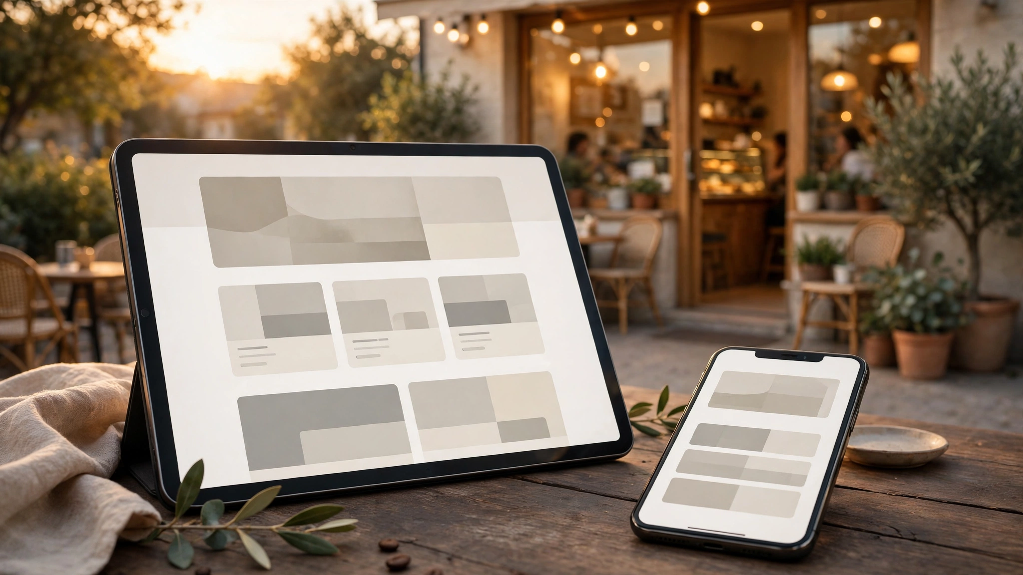 A local cafe with its new website shown on a tablet and phone